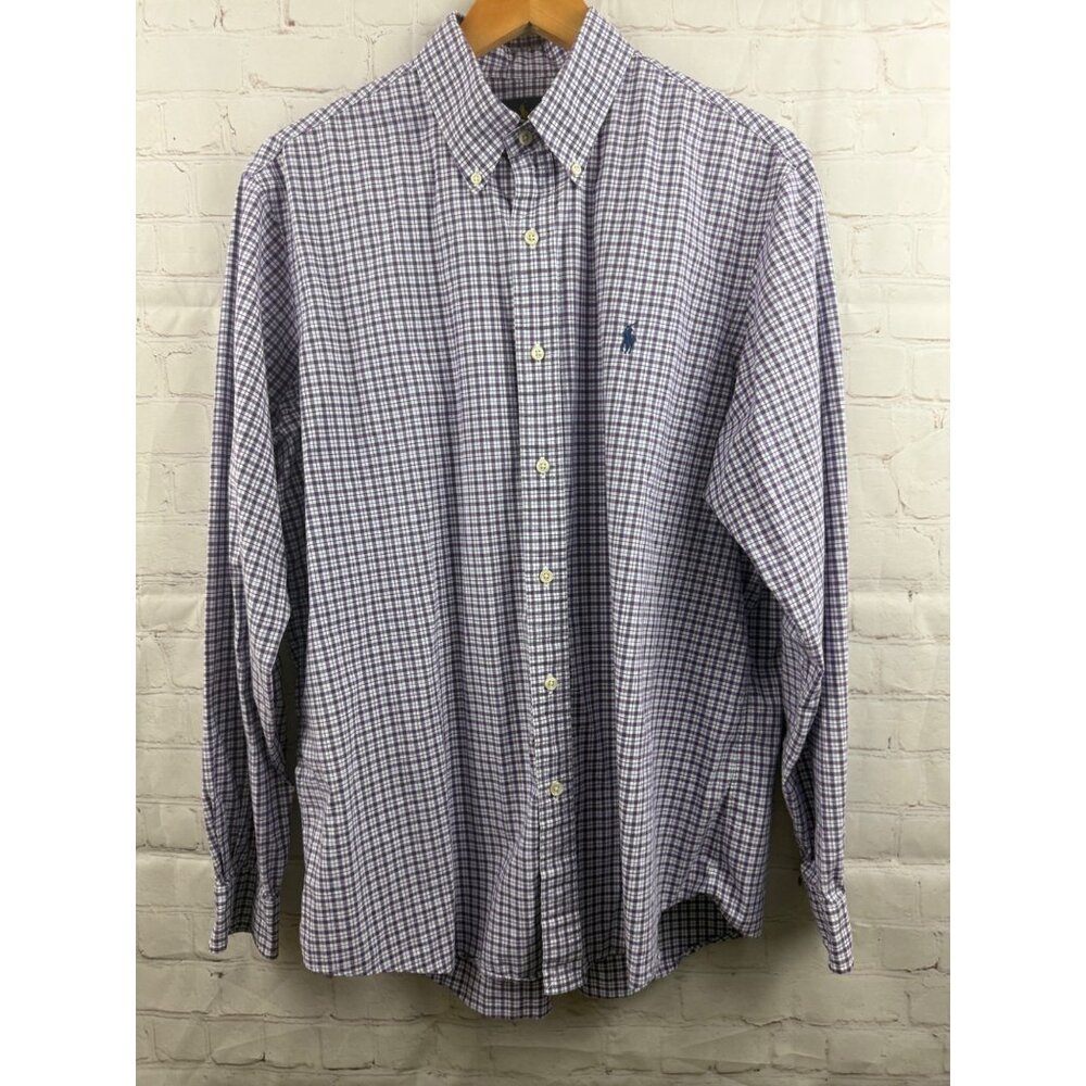 Ralph Lauren Shirt Mens Size Large Purple White Plaid Cotton Stretch Button Down